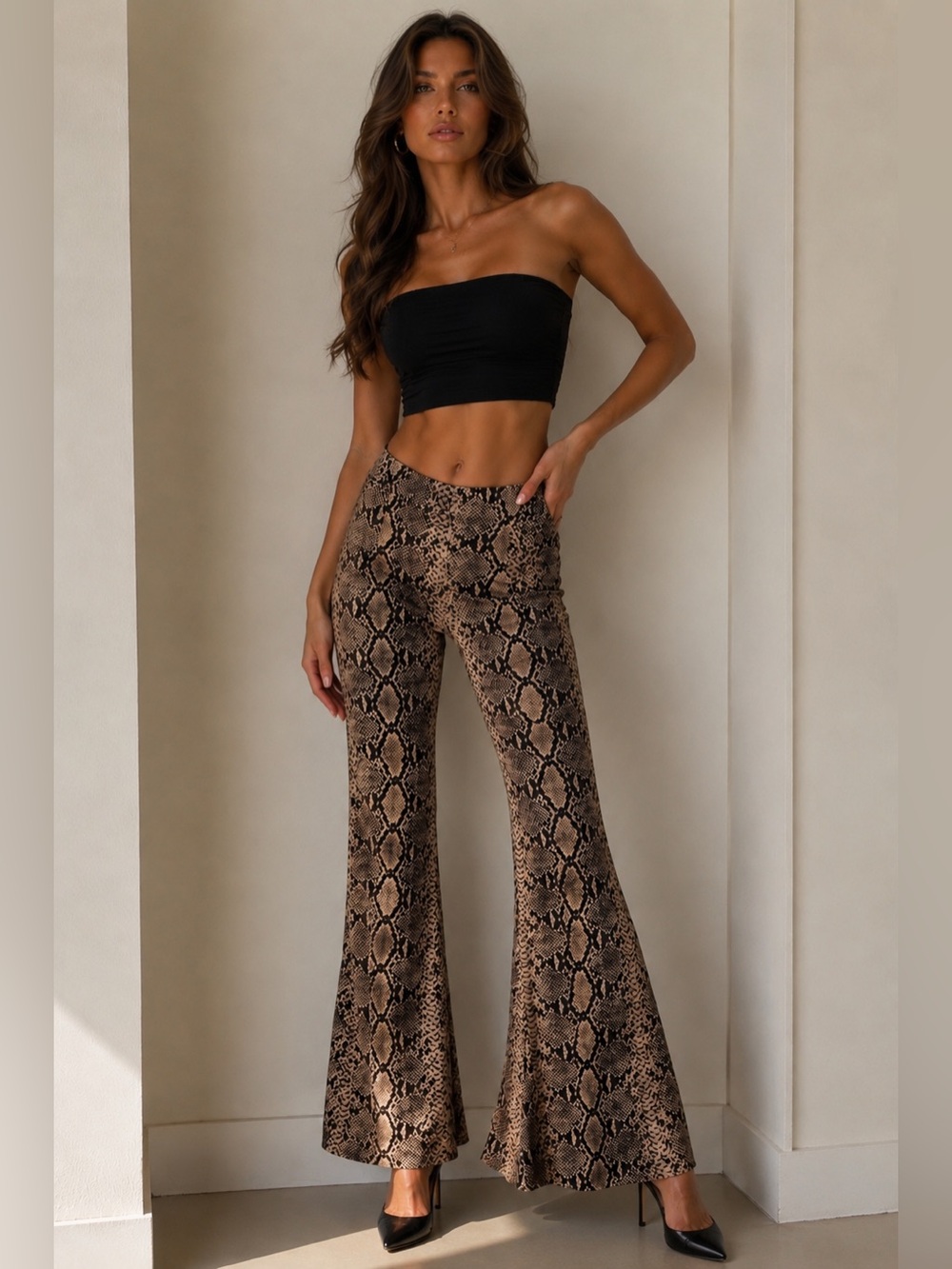 Snake Print Flare Pants - Brown